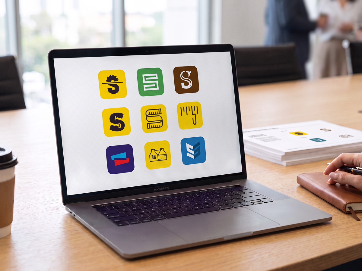 A laptop screen showing a grid of nine app icon concepts built around the letter S