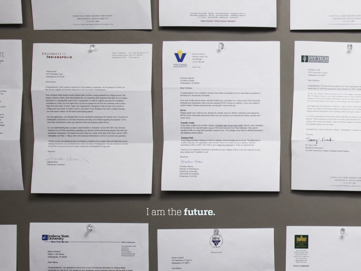 Admissions letters from several Indiana colleges pinned to a wall above the line I am the future